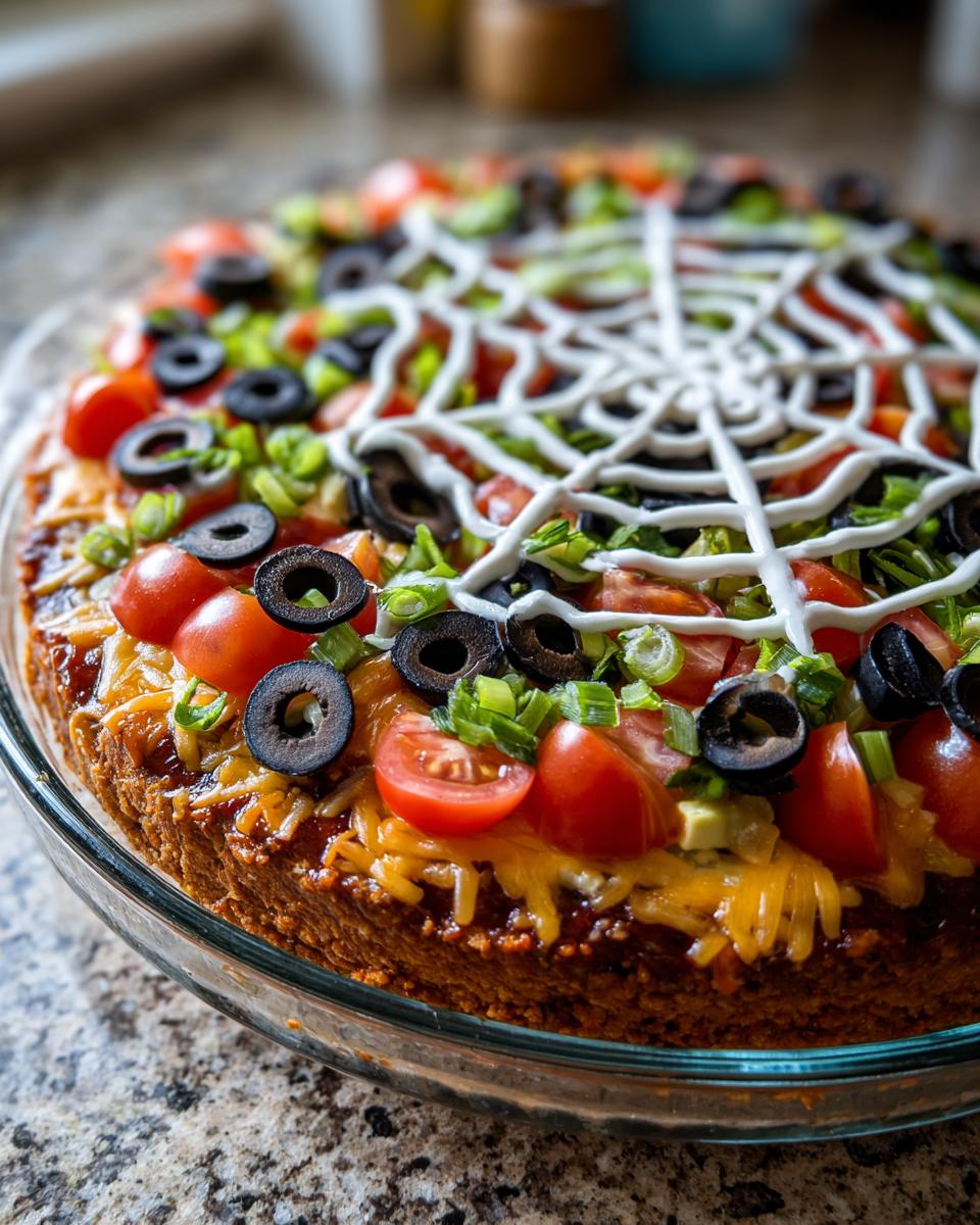 Close-up of a Spiderweb Taco Dip decorated with sour cream in a spiderweb pattern, topped with tomatoes, olives, and green onions.