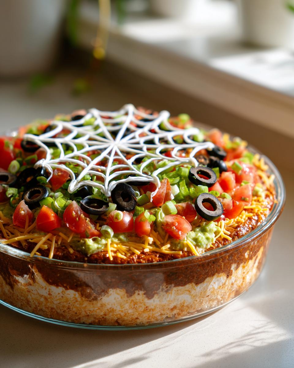 A festive Spiderweb Taco Dip decorated with a sour cream spiderweb, olives, tomatoes, and green onions.