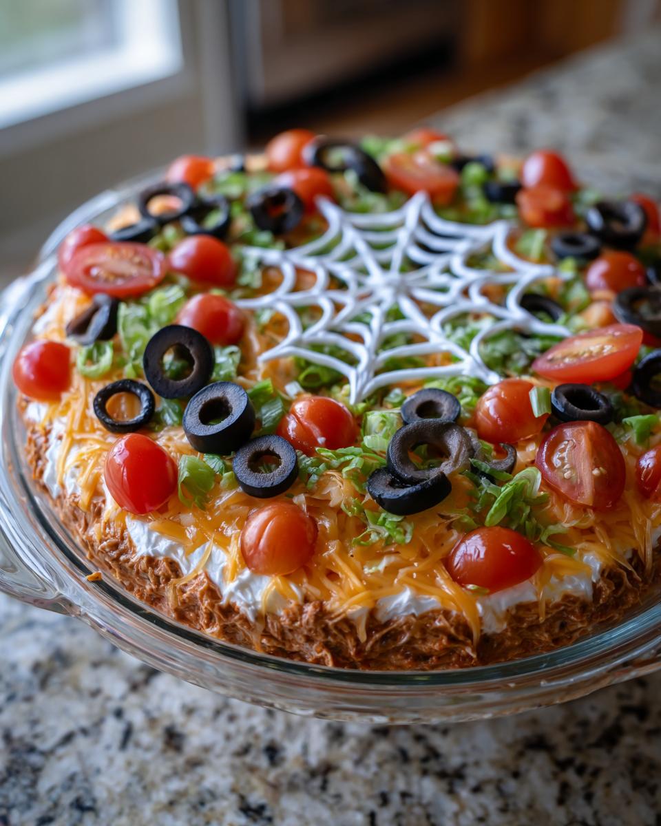 A festive Spiderweb Taco Dip decorated with a sour cream spiderweb, cherry tomatoes, olives, and shredded cheese.