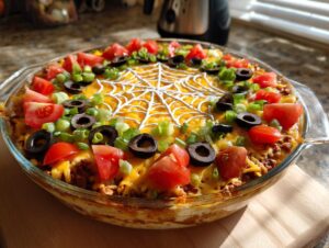 A festive Spiderweb Taco Dip in a glass dish, topped with tomatoes, olives, green onions, and a sour cream spiderweb.