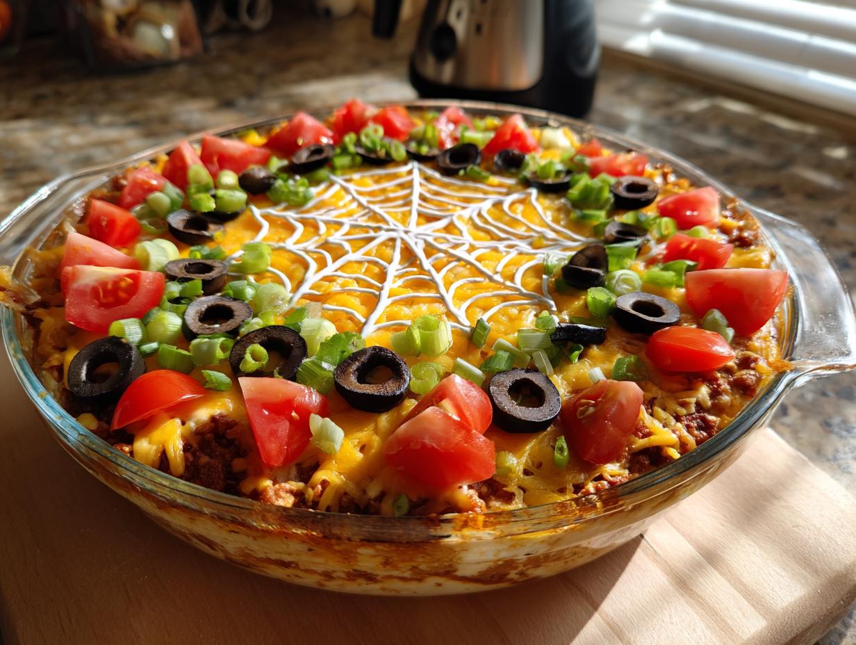 A festive Spiderweb Taco Dip in a glass dish, topped with tomatoes, olives, green onions, and a sour cream spiderweb.