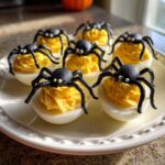 A plate of Spooky Deviled Eggs topped with black plastic spiders, perfect for Halloween.