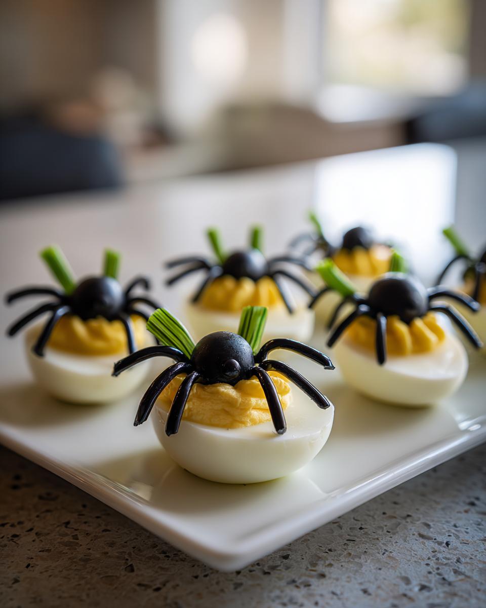 Close-up of Spooky Deviled Eggs decorated with black spiders and green chives on a white platter.