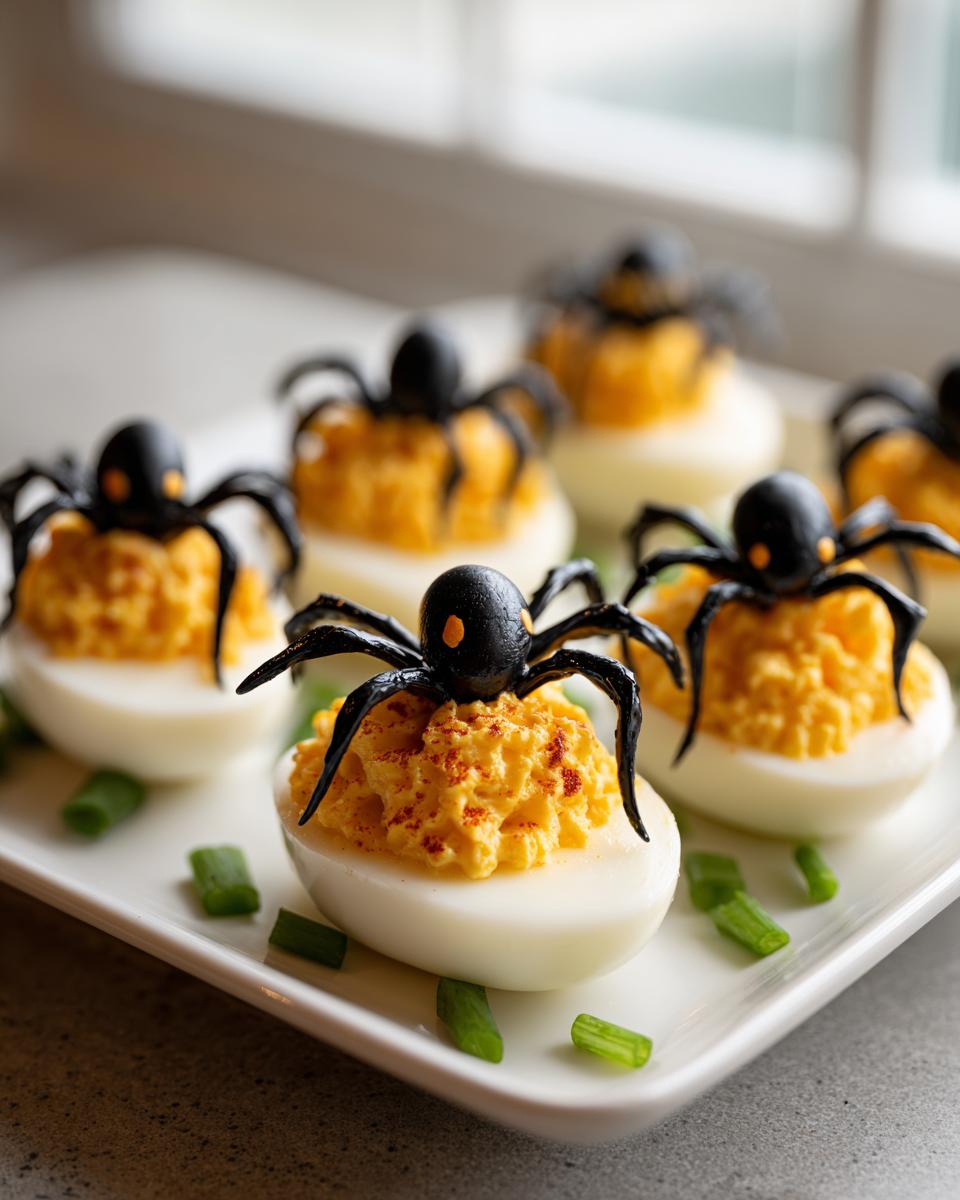 Close-up of Spooky Deviled Eggs decorated with black plastic spiders and sprinkled with paprika, served on a white platter with chopped green onions.