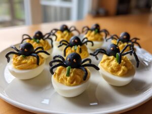 A plate of Spooky Deviled Eggs decorated with black spiders and orange eyes, perfect for Halloween.