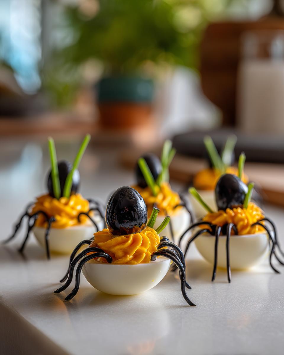 Close-up of Spooky Deviled Eggs decorated to look like spiders with black olive bodies and chive legs.