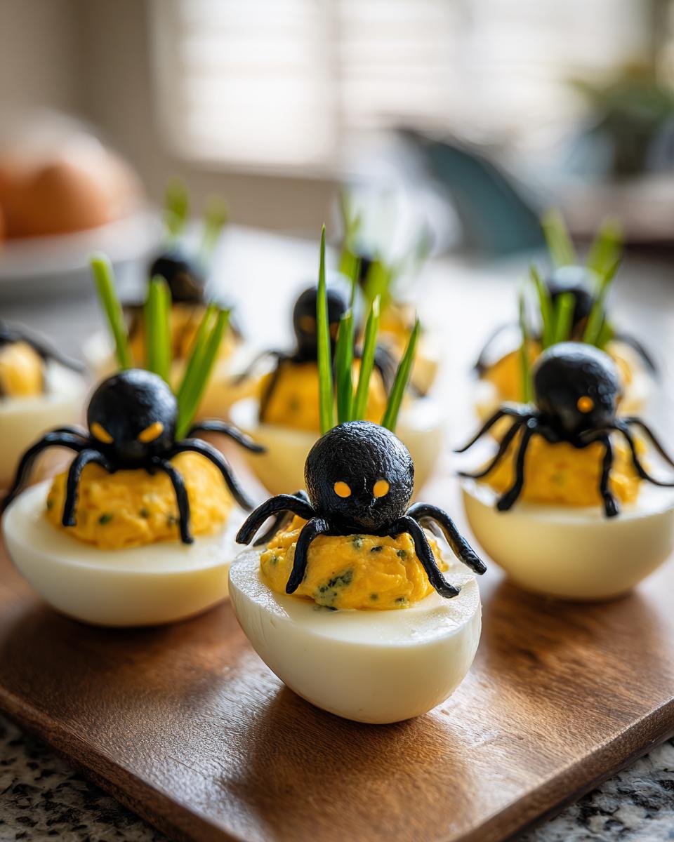 Close-up of Spooky Deviled Eggs decorated with black spiders and green chives for a Halloween theme.