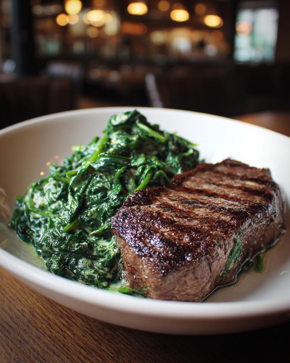 A juicy grilled steak served with a generous portion of creamy, vibrant green creamed spinach.
