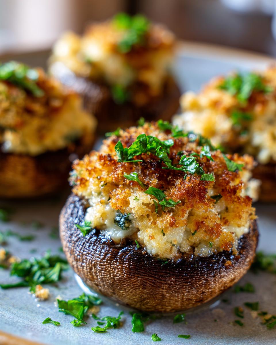 Close-up of delicious stuffed mushrooms, topped with golden breadcrumbs and fresh parsley.