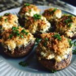Close-up of golden brown stuffed mushrooms topped with breadcrumbs and fresh parsley.