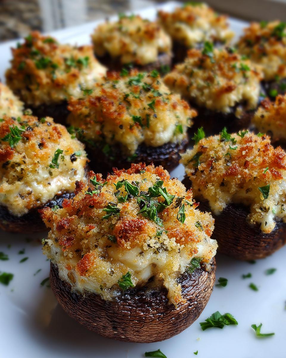Close-up of golden-brown stuffed mushrooms, topped with breadcrumbs and fresh parsley.