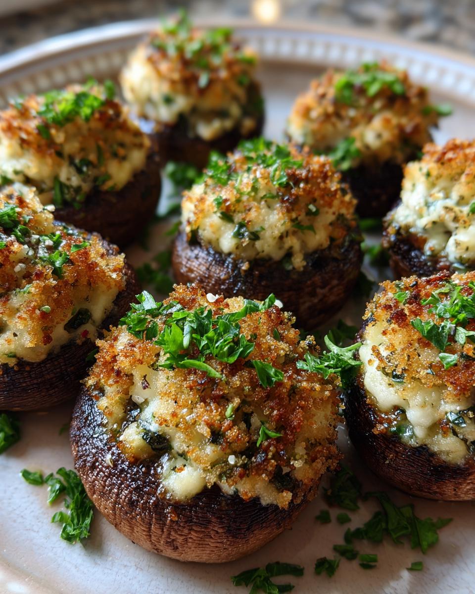 Close-up of golden brown stuffed mushrooms, generously filled and topped with fresh parsley.