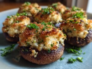 Close-up of delicious stuffed mushrooms, topped with golden breadcrumbs and fresh parsley.