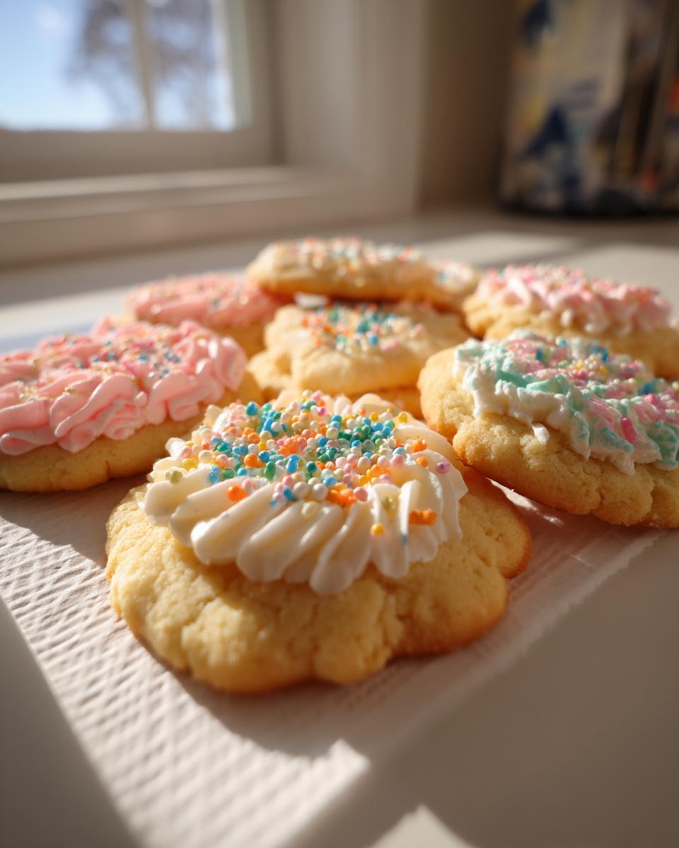 A close-up of several perfectly baked sugar cookies topped with white and pink frosting and colorful sprinkles.