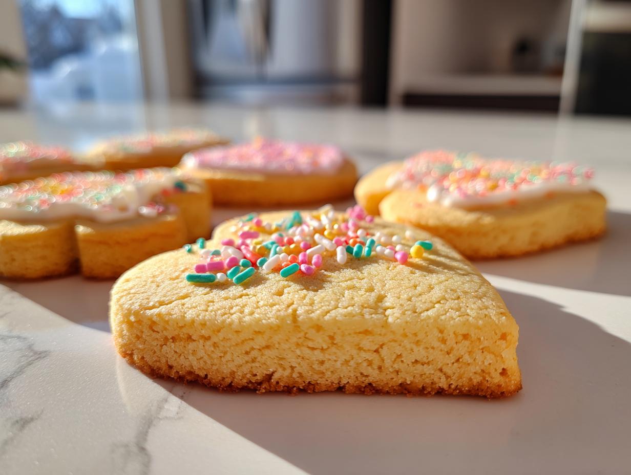 Close-up of heart-shaped sugar cookies decorated with white icing and colorful sprinkles.