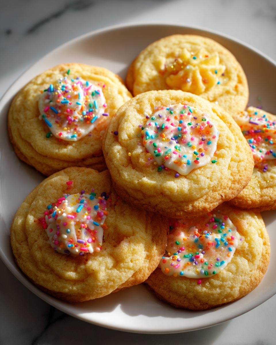 A plate of freshly baked sugar cookies topped with white frosting and colorful sprinkles.