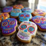 A collection of vibrantly decorated Sugar Skull Cookies, showcasing intricate icing designs in various colors like purple, blue, and white.