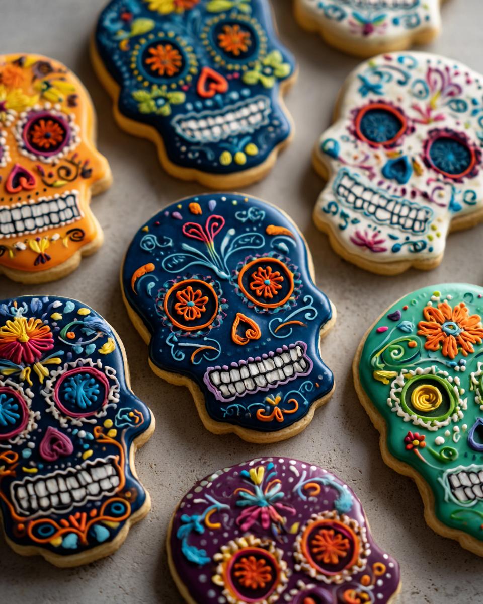 A collection of vibrantly decorated Sugar Skull Cookies, showcasing intricate icing designs in various colors.