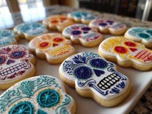 A collection of vibrantly decorated Sugar Skull Cookies, each with unique icing patterns and colors.