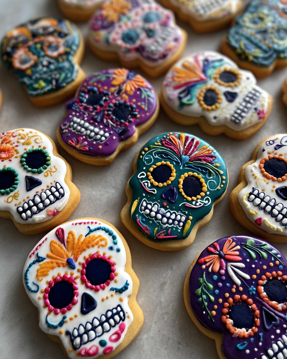 A collection of vibrantly decorated Sugar Skull Cookies, each uniquely designed with colorful icing and intricate patterns.