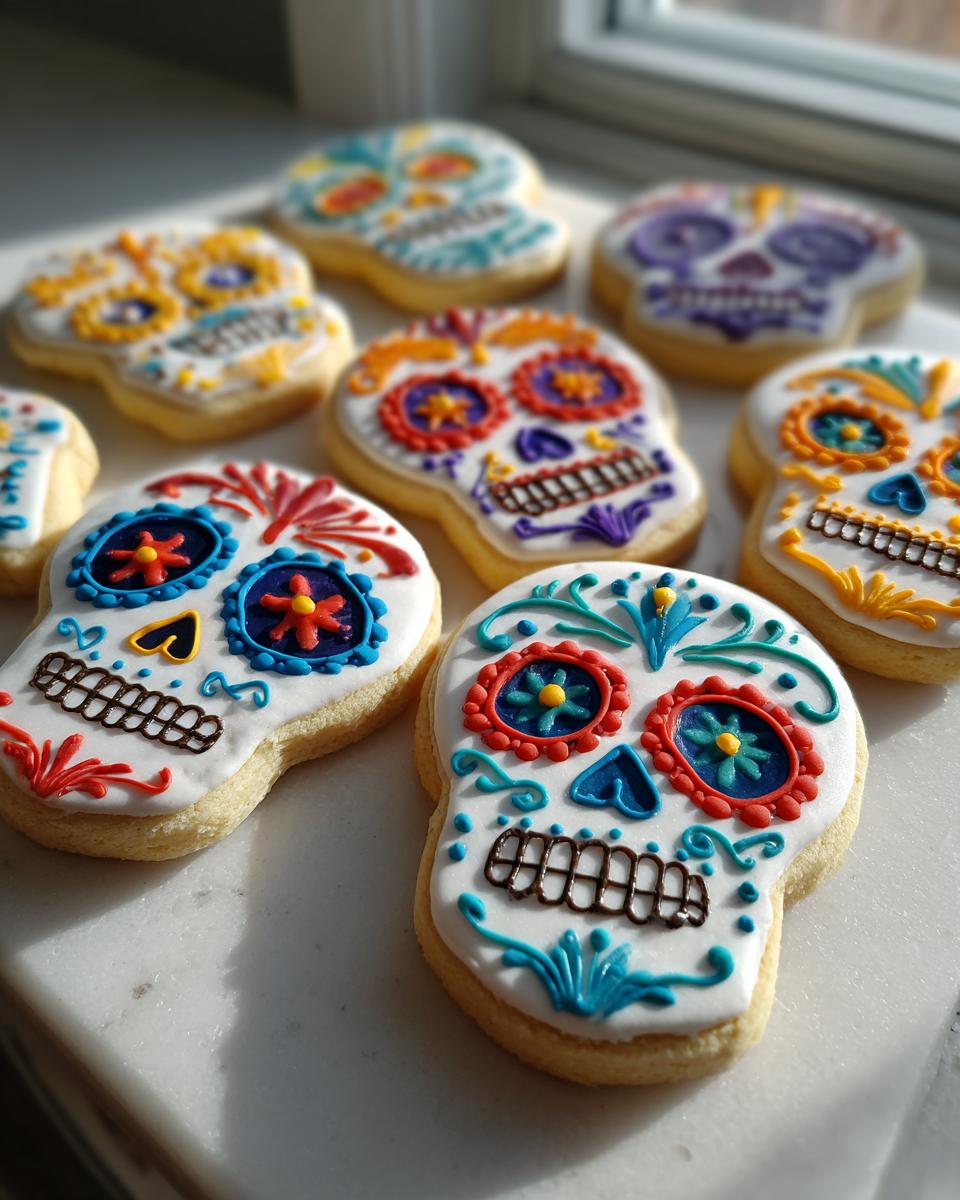 A collection of vibrantly decorated Sugar Skull Cookies with intricate icing designs.