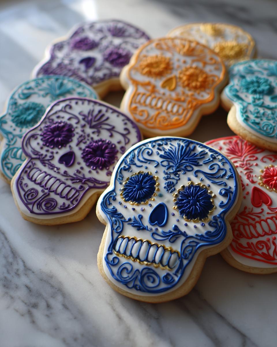 A collection of vibrantly decorated Sugar Skull Cookies, showcasing intricate icing designs in blue, purple, orange, teal, and red.