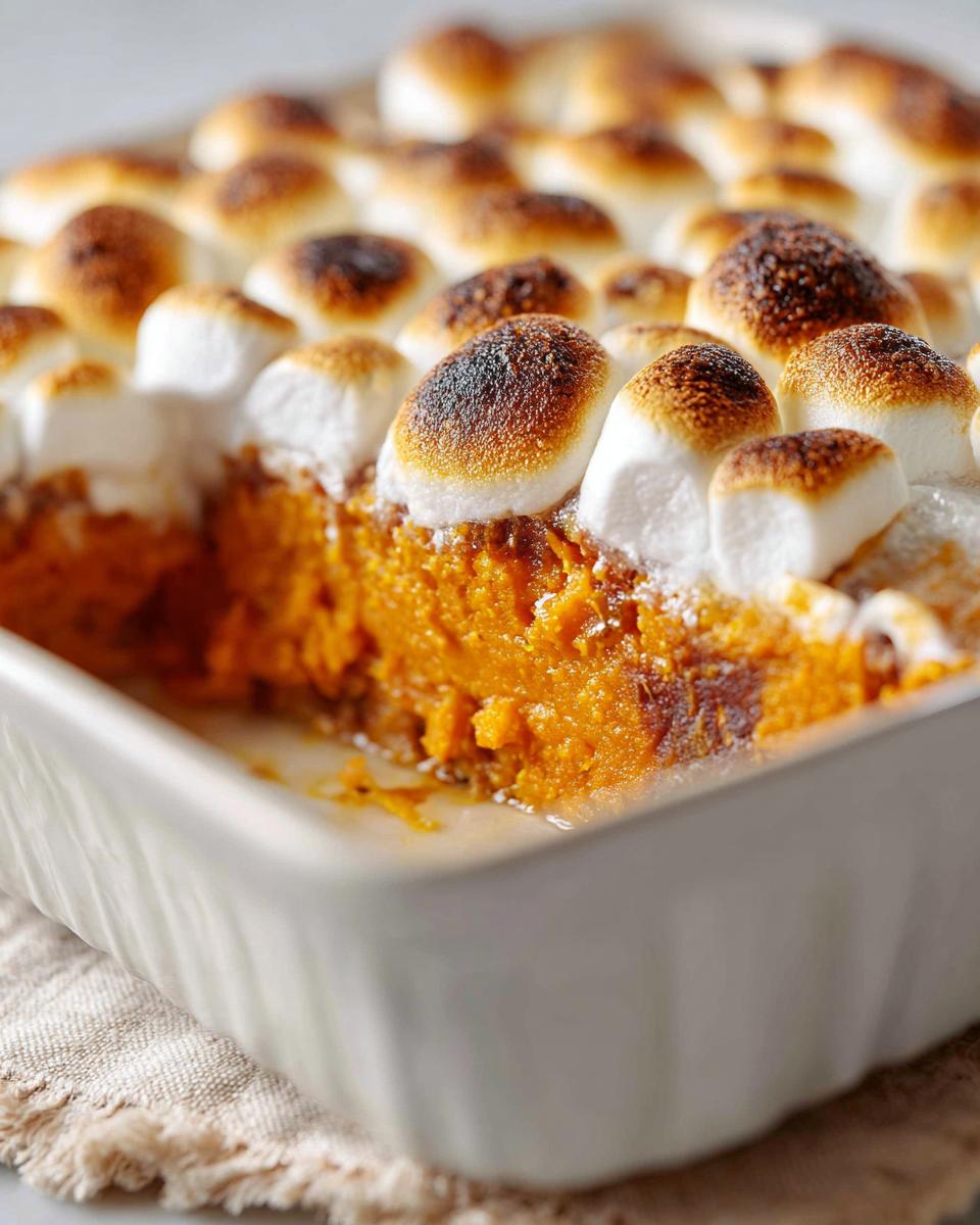 A close-up of Grandma's Sweet Potato Casserole, topped with toasted marshmallows, in a baking dish.