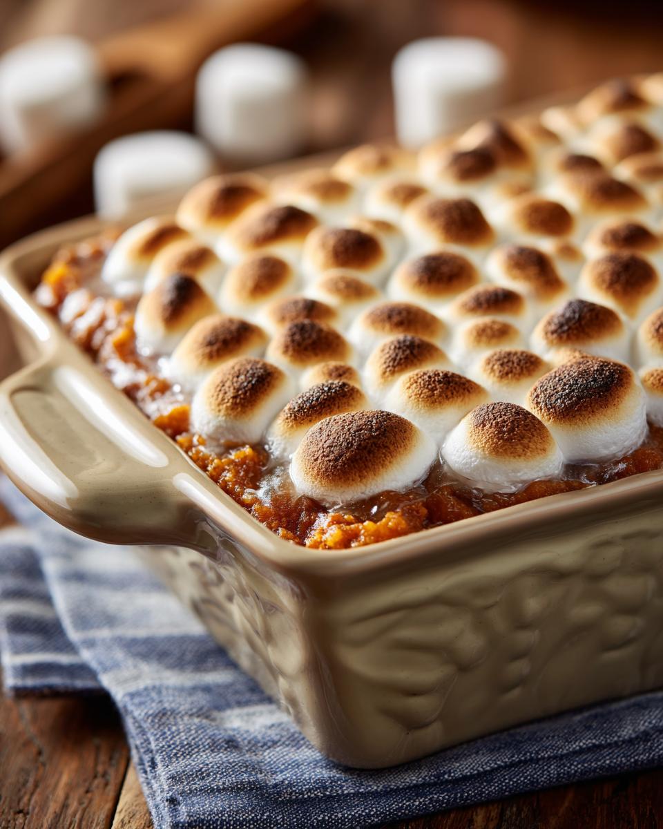 Close-up of Grandma's Sweet Potato Casserole topped with perfectly toasted marshmallows.