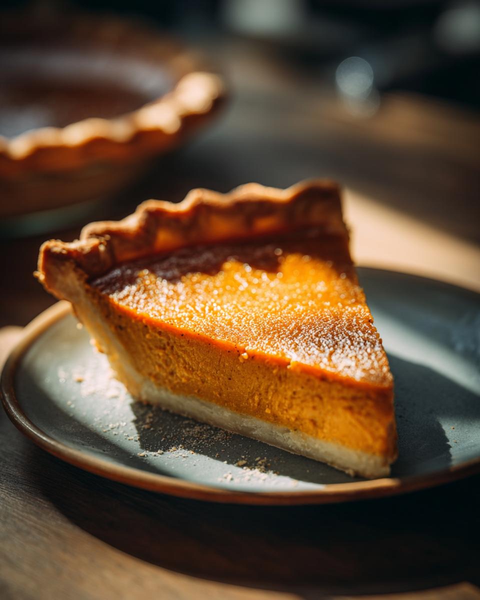 A close-up of a slice of sweet potato pie on a plate, dusted with powdered sugar.