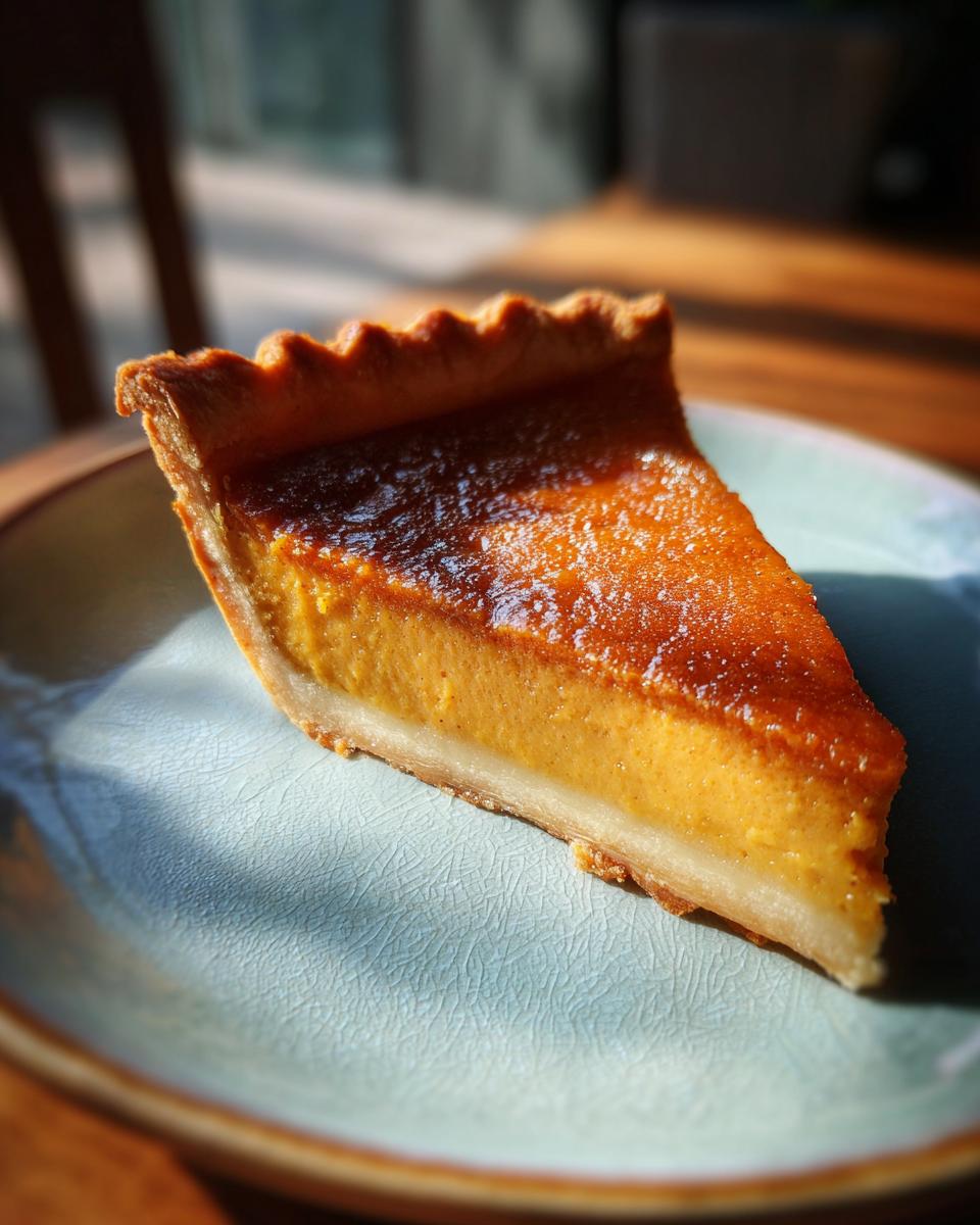 A close-up shot of a perfectly baked slice of Sweet Potato Pie on a light blue plate, with a golden crust and smooth filling.
