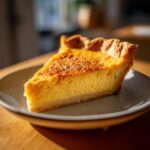 A close-up of a slice of sweet potato pie on a plate, showcasing its creamy filling and golden crust.