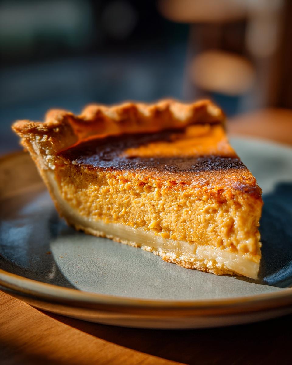 A close-up of a slice of homemade Sweet Potato Pie on a blue plate, with a golden crust and creamy filling.