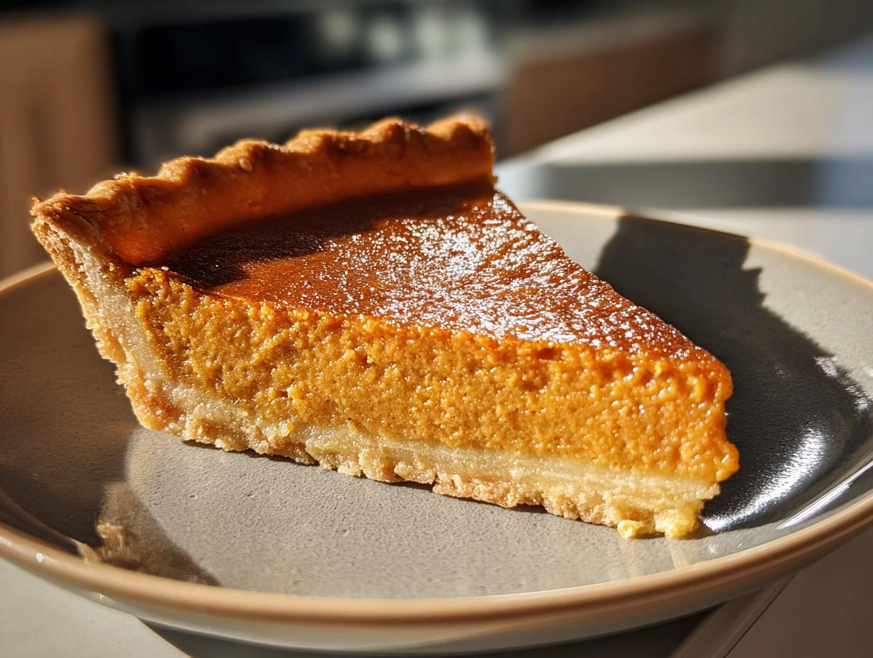 A close-up of a slice of homemade Sweet Potato Pie on a grey plate, dusted with powdered sugar.