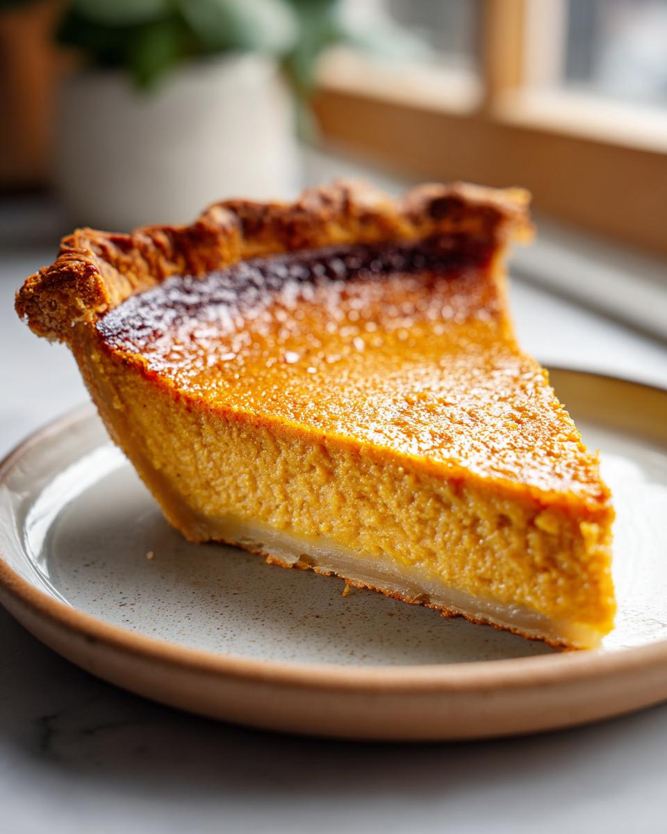 A close-up shot of a perfectly baked slice of Sweet Potato Pie on a plate.