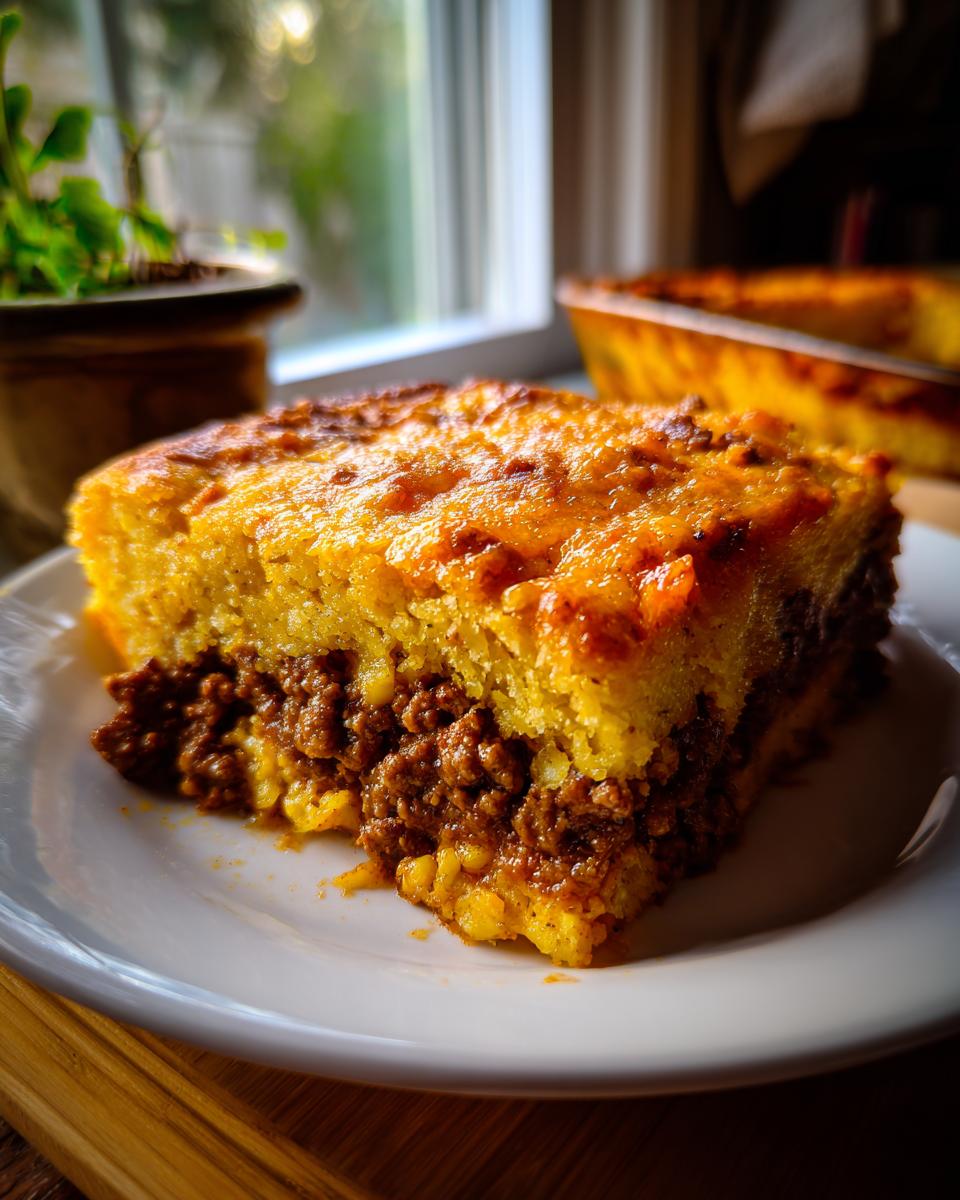 A close-up of a slice of Tamale Pie on a white plate, showing a layer of seasoned ground beef topped with cornbread.