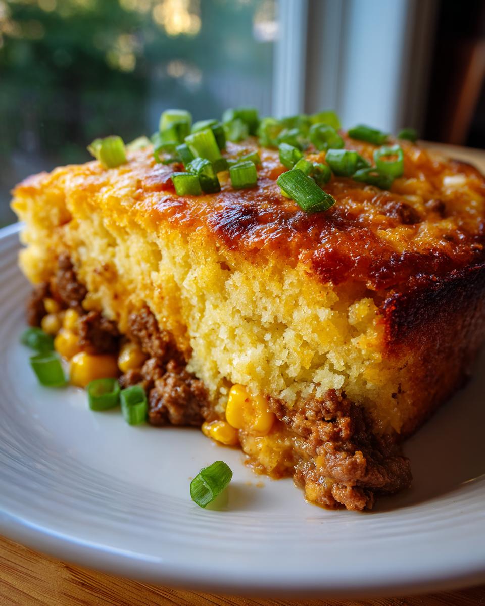A hearty slice of Tamale Pie featuring a cornbread topping over a savory filling of seasoned ground beef and corn kernels, garnished with chopped green onions.