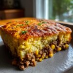 A close-up of a hearty slice of Tamale Pie, featuring a cornbread topping over a savory filling of ground meat and corn.