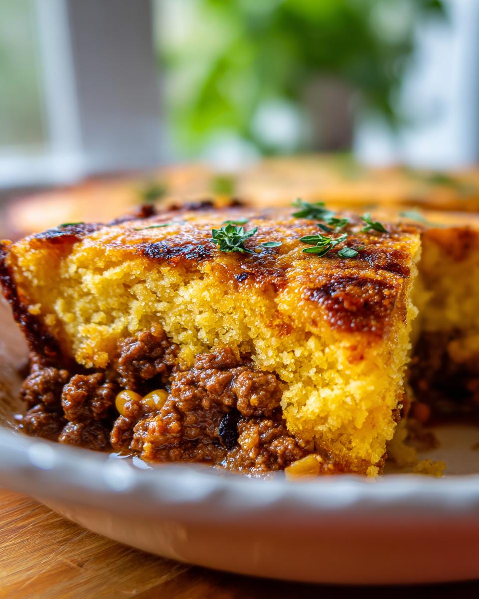 A close-up of a slice of Tamale Pie, featuring a savory ground meat filling topped with golden cornbread and garnished with herbs.