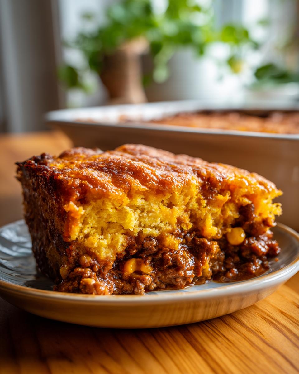 A close-up of a hearty slice of Tamale Pie, featuring a cornbread topping over a savory ground meat and corn filling.