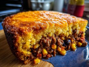 A close-up view of a slice of Tamale Pie, revealing layers of savory ground meat, corn, and a golden cornbread topping.