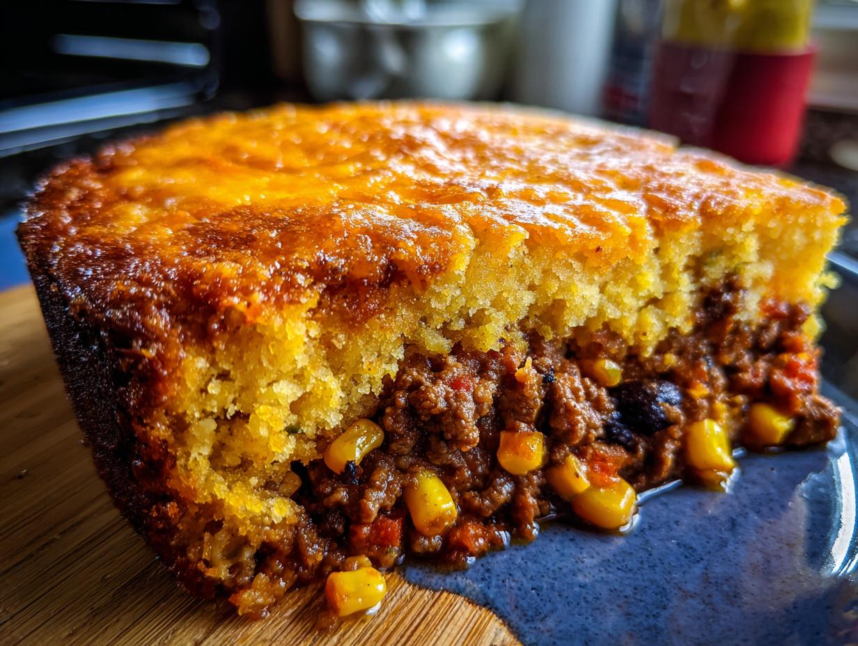 A close-up view of a slice of Tamale Pie, revealing layers of savory ground meat, corn, and a golden cornbread topping.