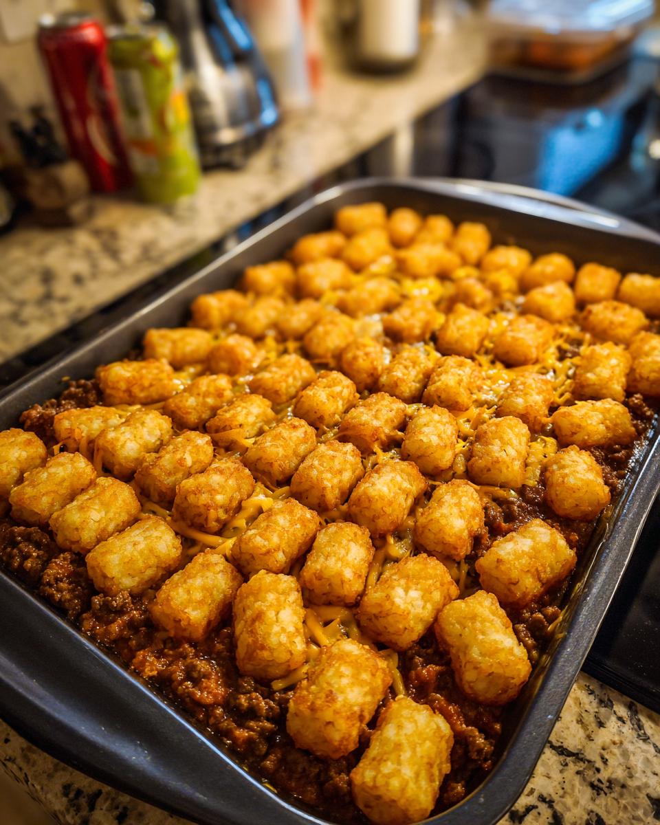 A golden brown Tater Tot Casserole in a black baking dish, topped with melted cheese and crispy tater tots.