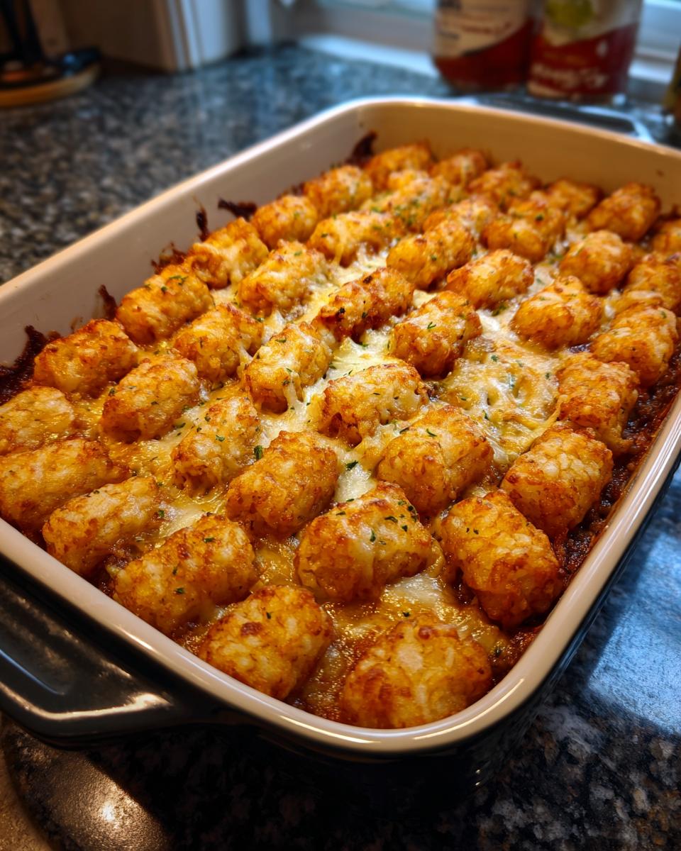 Close-up of a freshly baked Tater Tot Casserole in a white baking dish, topped with melted cheese and parsley.
