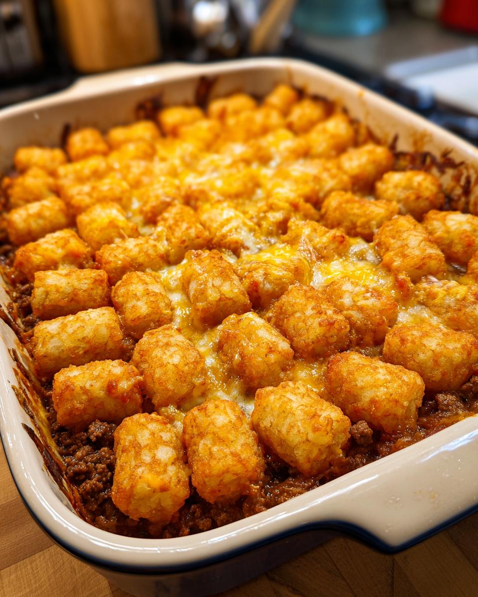 Close-up of a golden brown Tater Tot Casserole in a baking dish, topped with melted cheese.