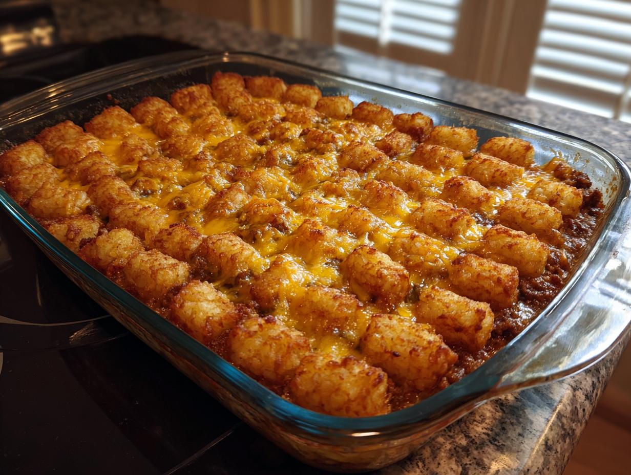A golden brown Tater Tot Casserole topped with melted cheddar cheese in a glass baking dish.