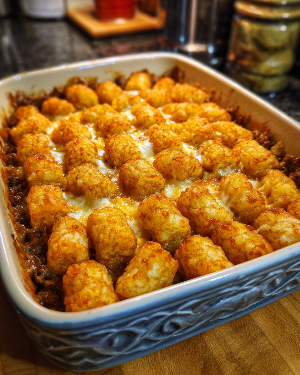 Close-up of a golden brown Tater Tot Casserole in a decorative baking dish, topped with melted cheese.