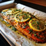 Close-up of a perfectly baked salmon fillet topped with lemon slices and fresh parsley.