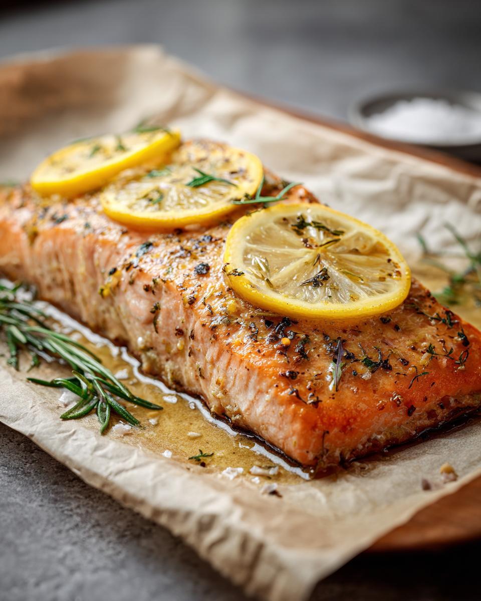 Close-up of a tender baked salmon fillet topped with lemon slices and fresh rosemary.
