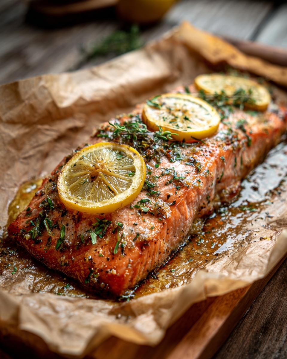 A close-up of a tender baked salmon fillet topped with lemon slices and fresh herbs.