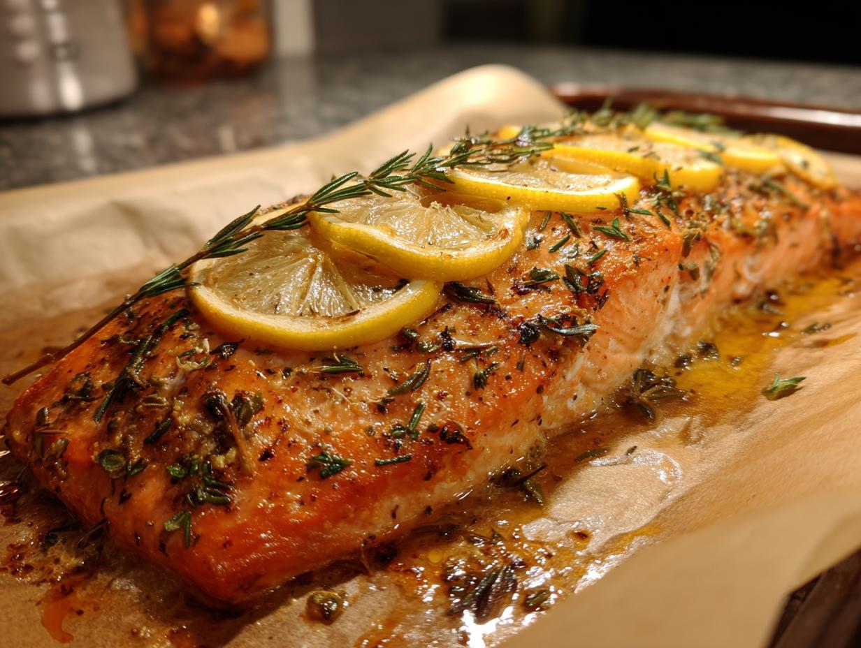A close-up of a perfectly baked salmon fillet topped with lemon slices and fresh rosemary and thyme.